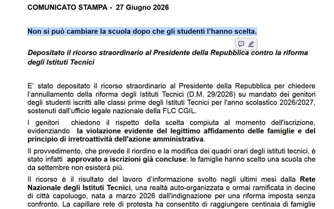 Non si può cambiare la scuola dopo che gli studenti l’hanno scelta!  Da "https://www.reteistitutitecnici.it/"